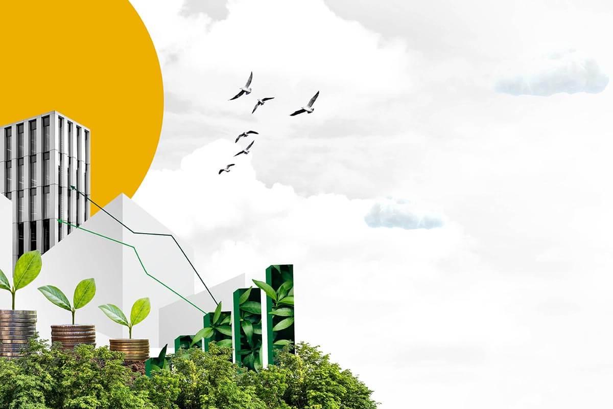 An illustration of commercial decarbonisation services - green leaves and trees in charts, with a grey office building, green upward arrows and a yellow sun behind